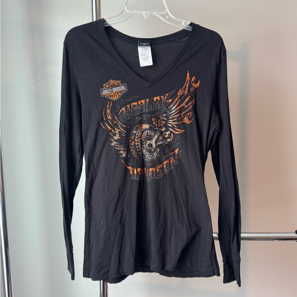 Harley-Davidson Black V-Neck Long Sleeved Tee with Orange Winged Design